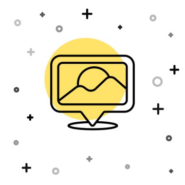 Siyah çizgi harita pin simgesi beyaz arkaplanda izole edildi. Navigasyon, işaret, konum, harita, GPS, yön, yer, pusula, arama konsepti. Rastgele dinamik şekiller. Vektör İllüstrasyonu.