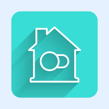 Beyaz çizgi Akıllı ev simgesi uzun gölgeli izole edilmiş. Uzaktan kumanda. Yeşil kare düğmesi. Vektör.