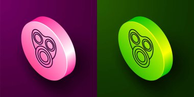 Mor ve yeşil arkaplanda izole edilmiş Isometric çizgi gaz maskesi simgesi. Solunum cihazı işareti. Çember düğmesi. Vektör.