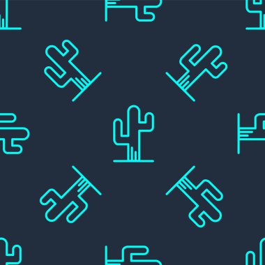 Yeşil çizgi Kaktüs ikonu mavi arka planda izole edilmiş pürüzsüz desen. Vektör.