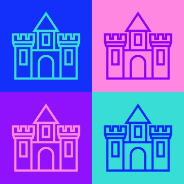 Pop Art Line Castle simgesi renk arkaplanında izole edildi. Kulesi olan bir ortaçağ kalesi. Düşmanlardan koruma. Şehrin güvenilirliği ve savunması. Vektör.