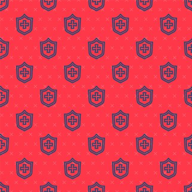 Mavi çizgi kalkanının simgesi kırmızı arkaplanda izole edilmiş. Gardiyan. Güvenlik, güvenlik, koruma, gizlilik kavramı. Vektör.