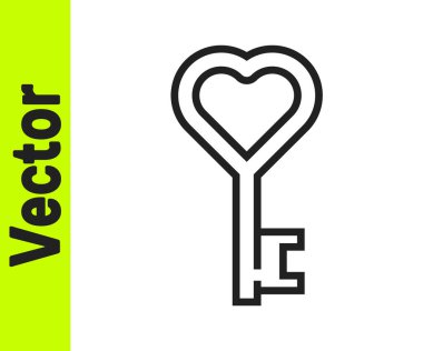 Siyah çizgi anahtarı beyaz arkaplanda izole edilmiş kalp şekli simgesi. Sevgililer Günü sembolü. Vektör.