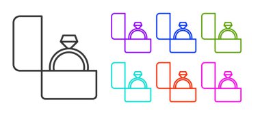 Siyah çizgi elmas nişan yüzüğü ikonu beyaz arkaplanda izole edilmiş. Simgeleri renklendirin. Vektör.