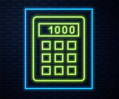 Parlayan neon hattı hesap makinesi simgesi tuğla duvar arka planında izole edildi. Muhasebe sembolü. İş hesaplamaları matematik eğitimi ve finans. Vektör.