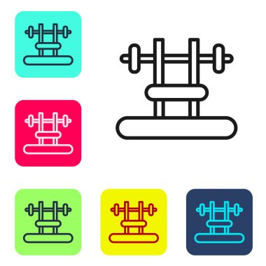 Beyaz arka planda siyah çizgi benç ve barbel simgesi var. Spor aletleri. Vücut geliştirme, ağırlık kaldırma, fitness konsepti. Renkli kare düğmelerle simgeleri ayarla. Vektör.