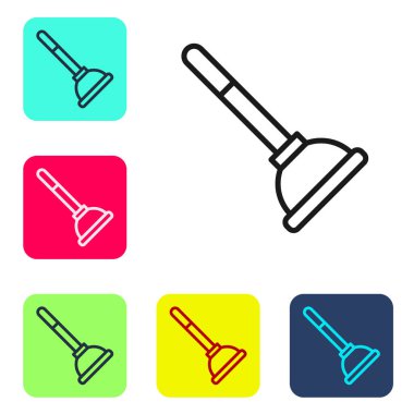 Beyaz arka planda izole edilmiş boru temizleme ikonu için tahta saplı siyah çizgili lastik pompa. Tuvalet pompası. Renkli kare düğmelerle simgeleri ayarla. Vektör.