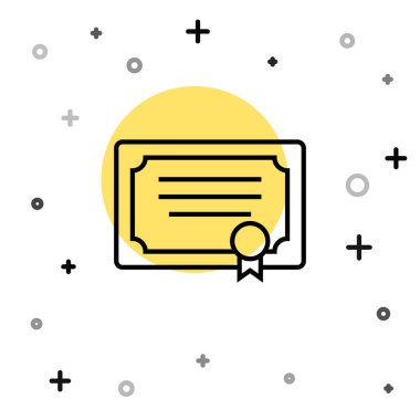 Beyaz arkaplanda siyah çizgi sertifika şablon simgesi izole edildi. Başarı, ödül, diploma, burs, diploma kavramları. Rastgele dinamik şekiller. Vektör.