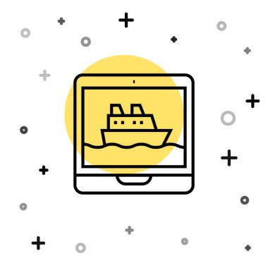 Siyah çizgi seyahat gemisi simgesi beyaz arka planda izole edildi. Seyahat turizmi deniz taşımacılığı. Yolcu gemisi, yolcu gemisi. Dünya çapında bir gezi. Rastgele dinamik şekiller. Vektör.