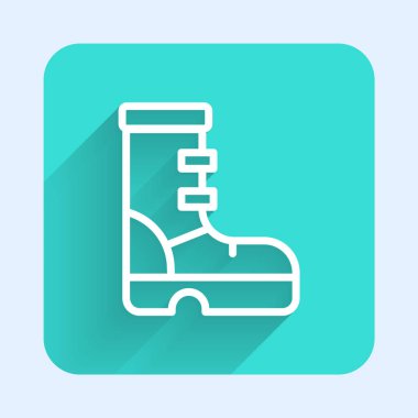 Uzun gölgeli, su geçirmez lastik bot ikonu. Yağmurlu hava, balıkçılık, bahçe işleri için çizme. Yeşil kare düğmesi. Vektör.