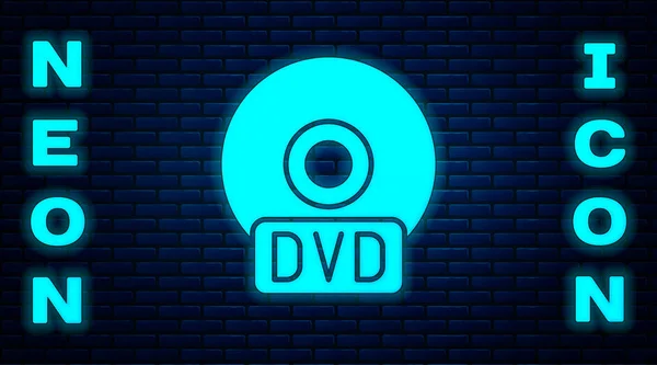 Brillante Icono Dvd Neón Aislado Fondo Pared Ladrillo Signo Disco — Vector de stock