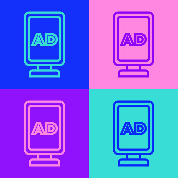 Pop art line Advertising icon isolated on color background. Concept of marketing and promotion process. Responsive ads. Social media advertising.  Vector.