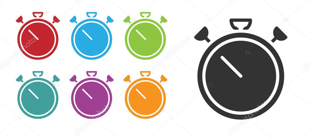 Black Stopwatch icon isolated on white background. Time timer sign. Chronometer sign. Set icons colorful. Vector.