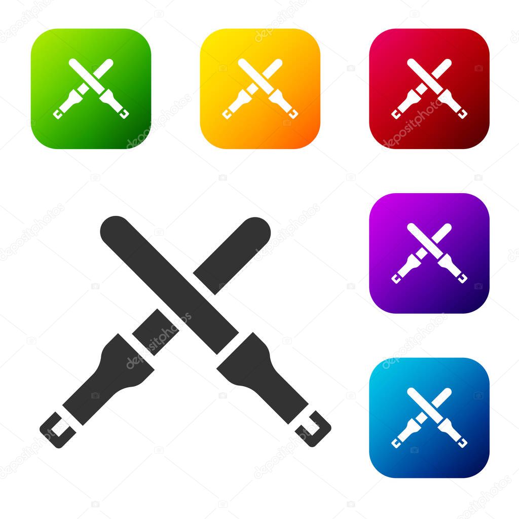 Black Marshalling wands for the aircraft icon isolated on white background. Marshaller communicated with pilot before and after flight. Set icons in color square buttons. Vector.