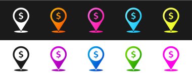 Cash konum simgesi simgesini siyah beyaz arkaplanda izole et. İşaretçi ve dolar sembolü. Para yeri. İş ve yatırım konsepti. Vektör İllüstrasyonu.