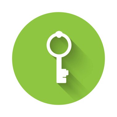 Uzun gölgeli beyaz eski anahtar simgesi. Yeşil daire düğmesi. Vektör.