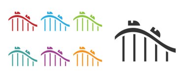 Beyaz arka planda siyah lunapark treni simgesi izole edildi. Eğlence parkı. Çocuklar için eğlence parkı, eğlence parkı. Simgeleri renklendirin. Vektör.