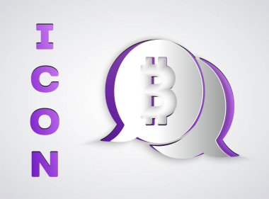 Kağıt kesiği Kripto para birimi simgesi Bitcoin gri arka planda izole edildi. Madeni para. Engelleme zinciri tabanlı şifreli para birimi. Kağıt sanatı tarzı. Vektör.