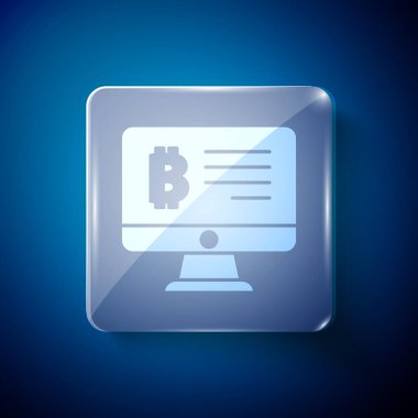 Mavi arka planda izole edilmiş monitör ikonundan beyaz madencilik bitcoin. Kripto para birimi madenciliği, engelleme zinciri teknoloji servisi. Kare cam paneller. Vektör.