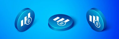 Isometric Pie grafik bilgisi bitcoin simgesi mavi arkaplanda izole edildi. Diyagram çizelgesi. Mavi daire düğmesi. Vektör.