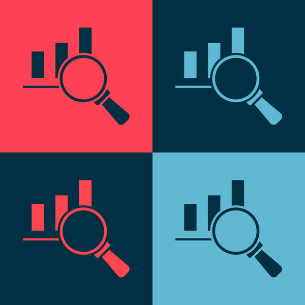 Pop art Magnifying glass and data analysis icon isolated on color background.  Vector.