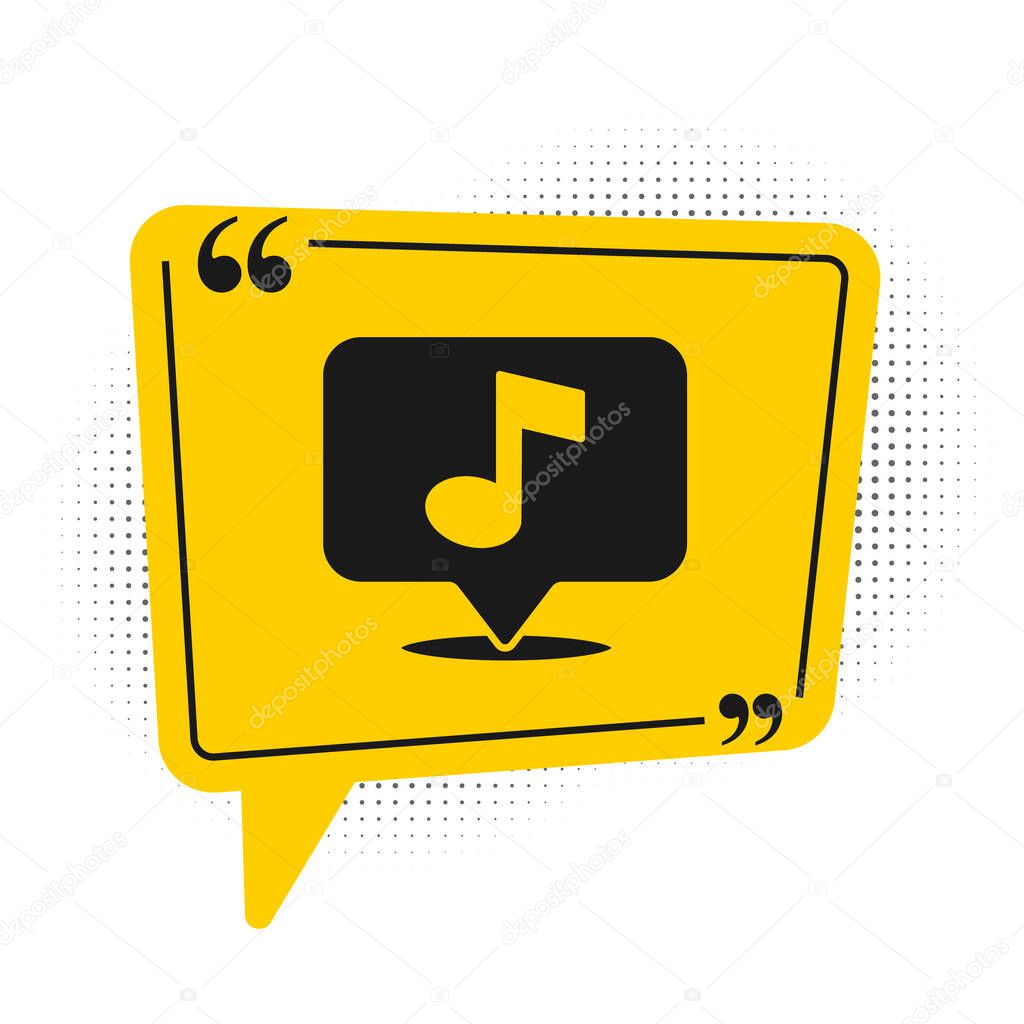 Black Musical note in speech bubble icon isolated on white background. Music and sound concept. Yellow speech bubble symbol. Vector.