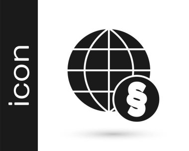 Siyah Uluslararası hukuk simgesi beyaz arka planda izole edildi. Küresel hukuk logosu. Hukuki yargı dünyası. Vektör.