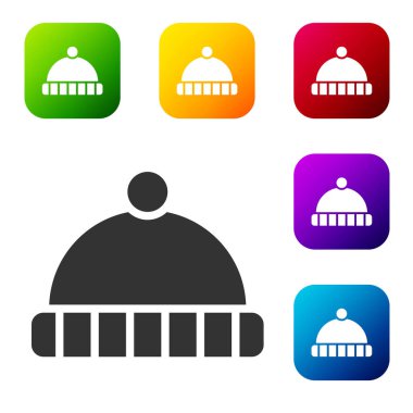 Siyah Kış şapkası simgesi beyaz arkaplanda izole edildi. Renkli kare düğmelerle simgeleri ayarla. Vektör.