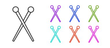 Siyah çizgili örgü iğneleri beyaz arka planda izole edilmiş. El yapımı, örgü ya da terzi için etiket. Simgeleri renklendirin. Vektör İllüstrasyonu.