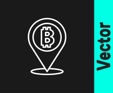 Beyaz çizgi konumu bitcoin simgesi siyah arkaplanda izole edildi. Madeni para. Engelleme zinciri tabanlı şifreli para birimi. Vektör.