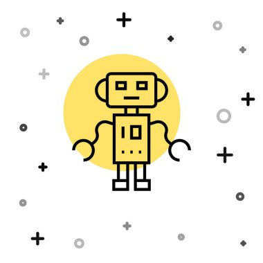 Siyah çizgi robot oyuncak ikonu beyaz arkaplanda izole edildi. Rastgele dinamik şekiller. Vektör.
