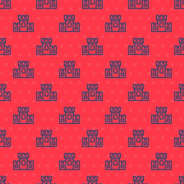 Mavi çizgi Castle simgesi kırmızı arkaplanda izole edilmiş kusursuz desen. Kulesi olan bir ortaçağ kalesi. Düşmanlardan koruma. Şehrin güvenilirliği ve savunması. Vektör.