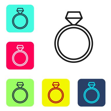 Siyah çizgi elmas nişan yüzüğü ikonu beyaz arkaplanda izole edilmiş. Renkli kare düğmelerle simgeleri ayarla. Vektör.
