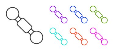 Siyah çizgi Dumbbell simgesi beyaz arkaplanda izole edildi. Kas kaldırma ikonu, fitness halteri, spor aletleri, egzersiz yaban domuzu. Simgeleri renklendirin. Vektör.