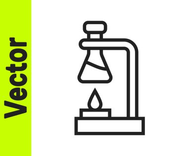 Siyah çizgi cam tüp deney tüpü beyaz arka planda izole edilmiş ateş ısıtıcı deney ikonu üzerinde. Laboratuvar ekipmanları. Vektör.