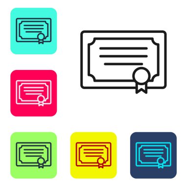 Beyaz arkaplanda siyah çizgi sertifika şablon simgesi izole edildi. Başarı, ödül, diploma, burs, diploma kavramları. Renkli kare düğmelerle simgeleri ayarla. Vektör.