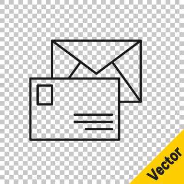 Şeffaf arkaplanda siyah çizgi zarfı simgesi izole edildi. E- posta mektup sembolü. Vektör.