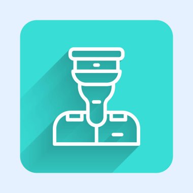 Beyaz çizgi tren kondüktörü simgesi uzun gölgeli izole edildi. Yeşil kare düğmesi. Vektör.