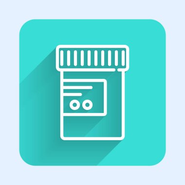 Beyaz çizgi ilaç şişesi ve uzun gölgeli ilaç ikonu. Şişe hapı işareti. Eczane tasarımı. Yeşil kare düğmesi. Vektör.