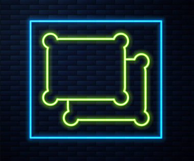 Parlayan neon çizgisi dikdörtgen yastık simgesi tuğla duvar arka planında izole edilmiş. Yastık tabelası. Vektör.