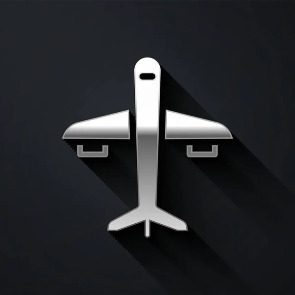 银平面图标隔离在黑色背景上 飞行的飞机图标 航空公司的标志 长影子风格 — 图库矢量图片