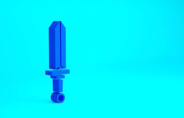 Mavi ortaçağ kılıç ikonu mavi arka planda izole edilmiş. Ortaçağ silahı. Minimalizm kavramı. 3d illüstrasyon 3B canlandırma.
