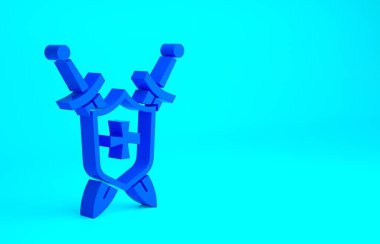 Mavi arka planda çapraz kılıç simgesi olan mavi ortaçağ kalkanı. Minimalizm kavramı. 3d illüstrasyon 3B canlandırma.