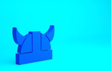 Mavi arka planda izole edilmiş boynuzlu kask ikonlu mavi Viking. Minimalizm kavramı. 3d illüstrasyon 3B canlandırma.