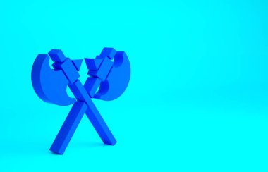 Mavi Çapraz Ortaçağ balta simgesi mavi arka planda izole edildi. Savaş baltası, cellat baltası. Ortaçağ silahı. Minimalizm kavramı. 3d illüstrasyon 3B canlandırma.