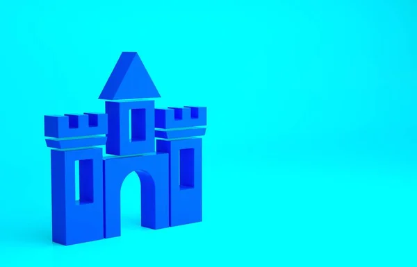 Blue Castle icon isolated on blue background. Medieval fortress with a tower. Protection from enemies. Reliability and defense of the city. Minimalism concept. 3d illustration 3D render.