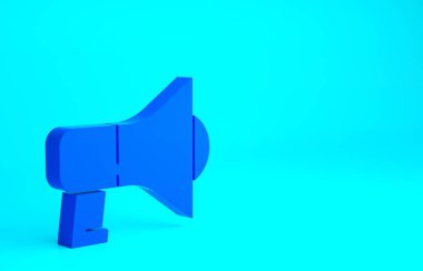 Mavi arkaplanda mavi megafon simgesi izole edildi. Sözcü işareti. Minimalizm kavramı. 3d illüstrasyon 3B canlandırma.