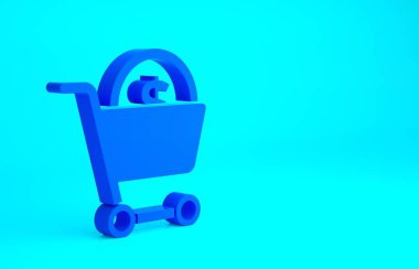 Mavi alışveriş arabası ve dolar sembolü mavi arka planda izole edilmiş. İnternetten satın alma konsepti. Teslimat servisi. Süpermarket sepeti. Minimalizm kavramı. 3d illüstrasyon 3B canlandırma.