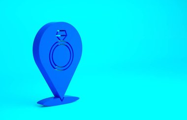 Mavi alyans ikonu mavi arkaplanda izole edilmiş. Gelin ve damat mücevher tabelası. Evlilik sembolü. Elmas yüzük. Minimalizm kavramı. 3d illüstrasyon 3B canlandırma.