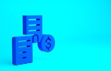 Mavi Kağıt ya da Mali Kontrol simgesi mavi arka planda izole edildi. Kağıt baskı çeki, makbuz ya da fatura. Minimalizm kavramı. 3d illüstrasyon 3B canlandırma.